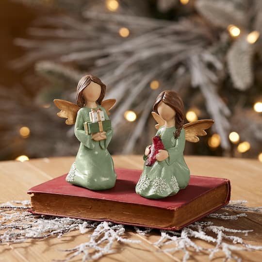 Melrose Green Angel Figurines with Gifts & Cardinal Set